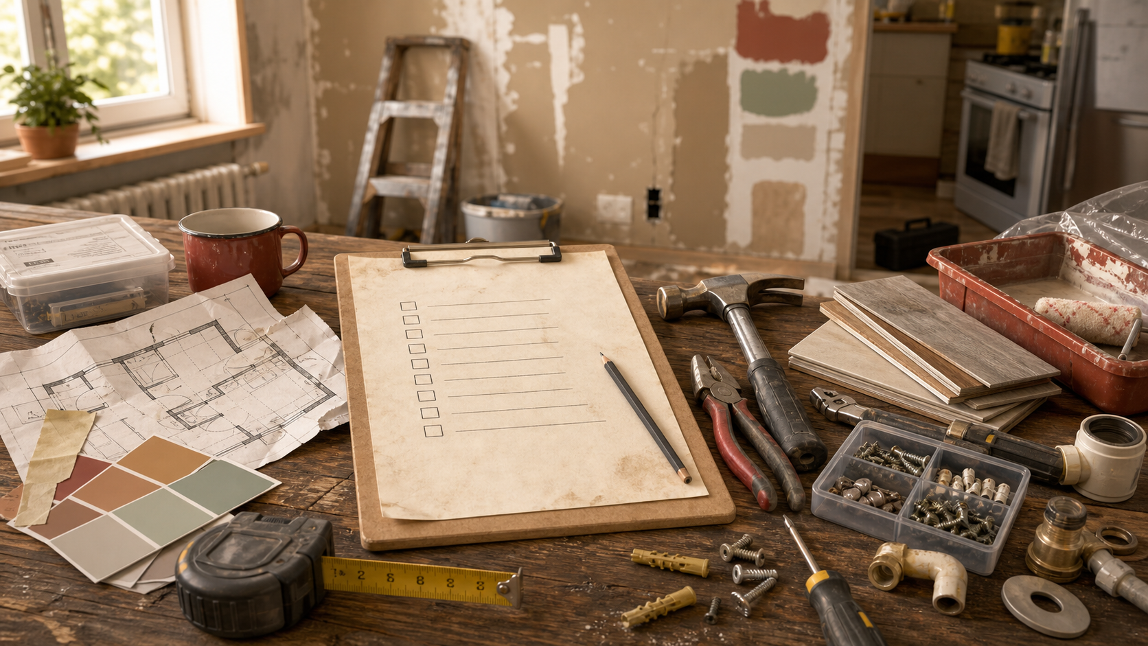 Repair planning desk with tools, floor plans, material samples, and a renovation checklist.